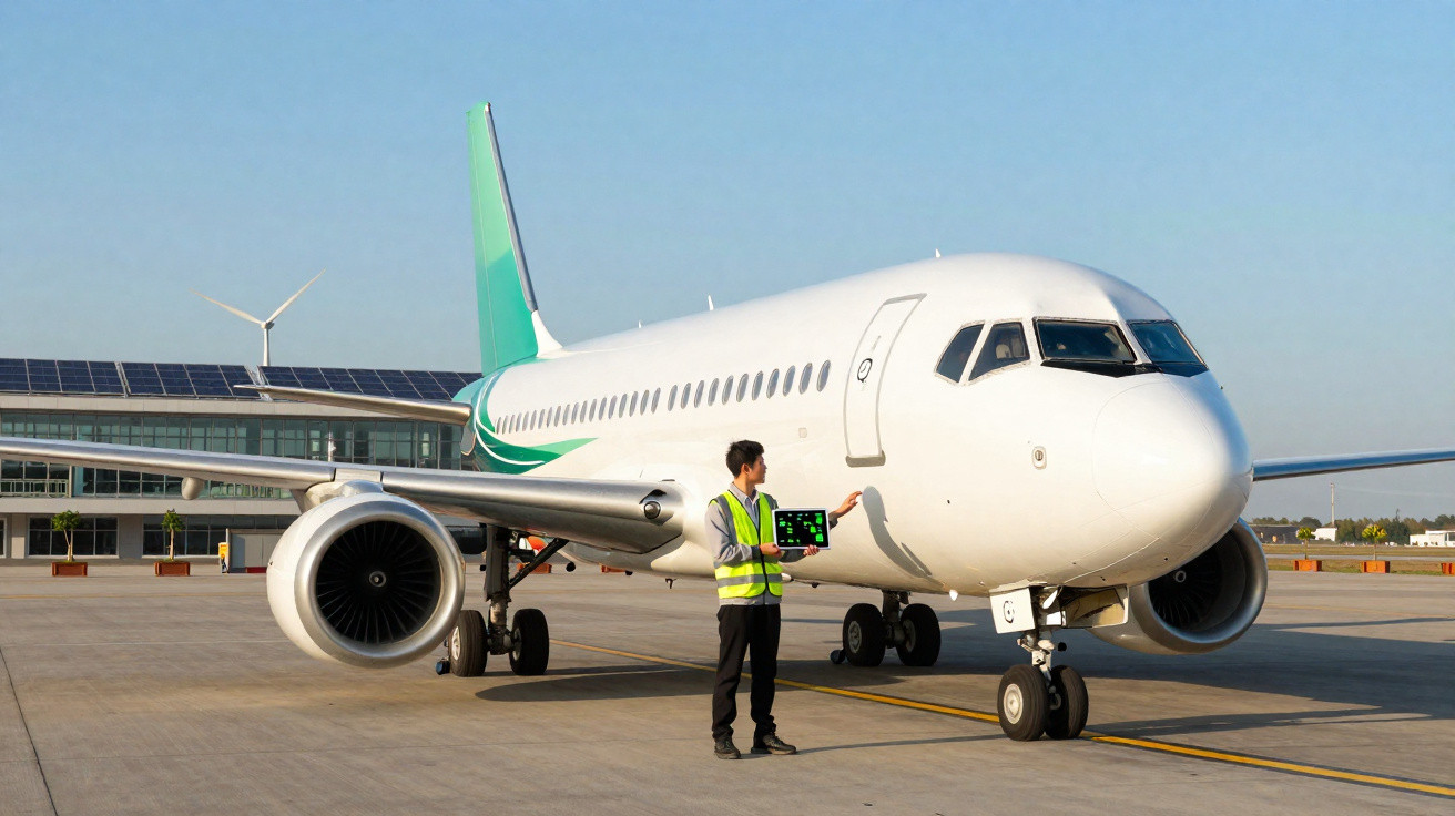 Technicien au sol avec tablette devant un avion blanc sur le tarmac aéroport sous ciel clair.
