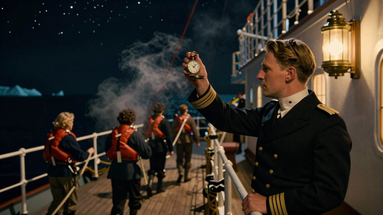 Un officier en uniforme tenant un chronomètre sur le pont d'un navire la nuit, avec des marins en gilets de sauvetage.