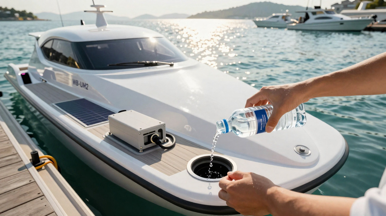Personne versant de l'eau d'une bouteille dans un réservoir sur un bateau blanc amarré au quai.