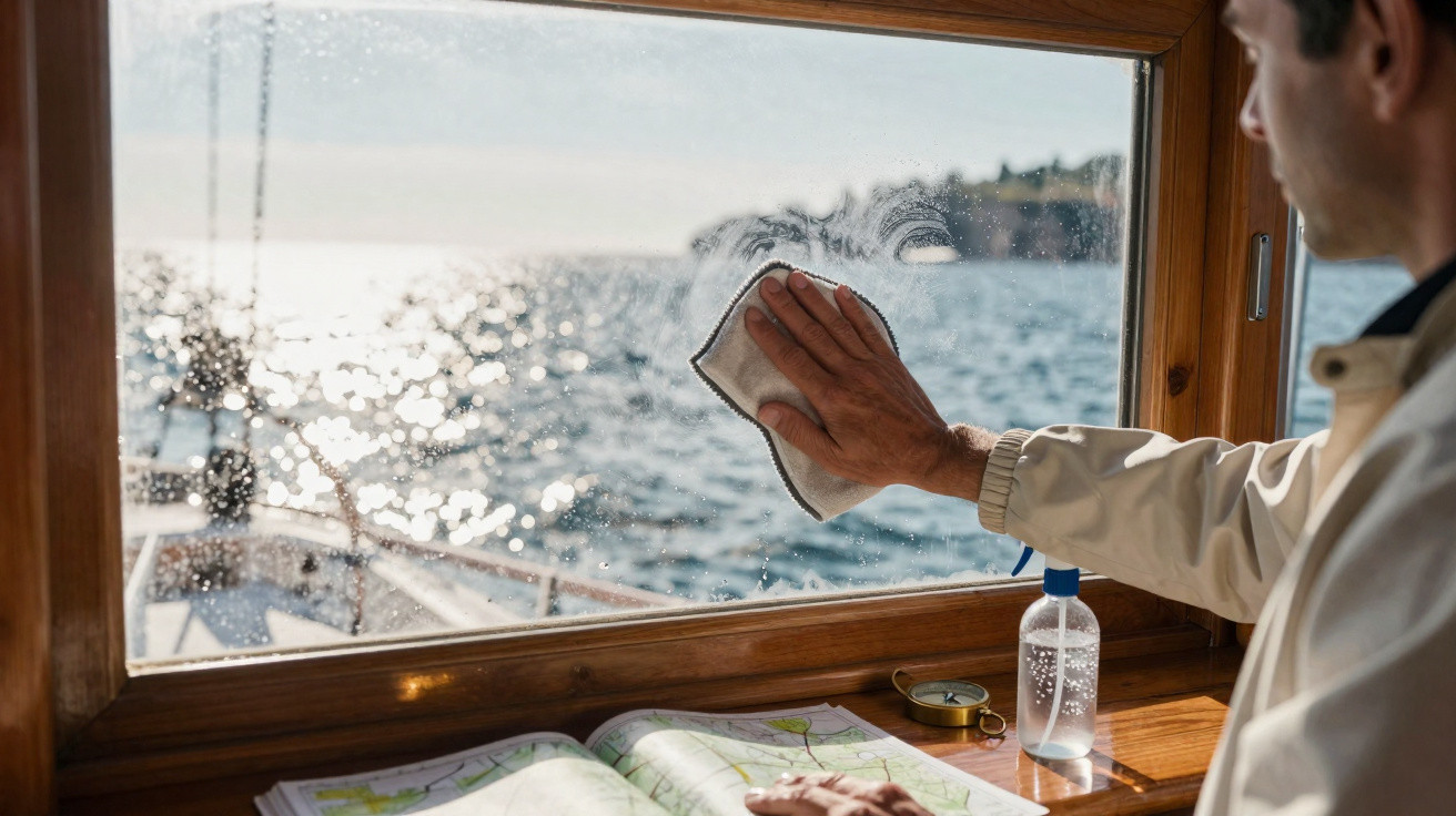 Homme nettoyant la fenêtre d'un bateau avec vue sur la mer et carte marine posée sur la table en bois.