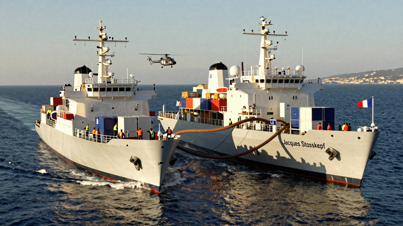 Deux navires de livraison connectés par des tuyaux sur mer avec un hélicoptère en vol au-dessus.