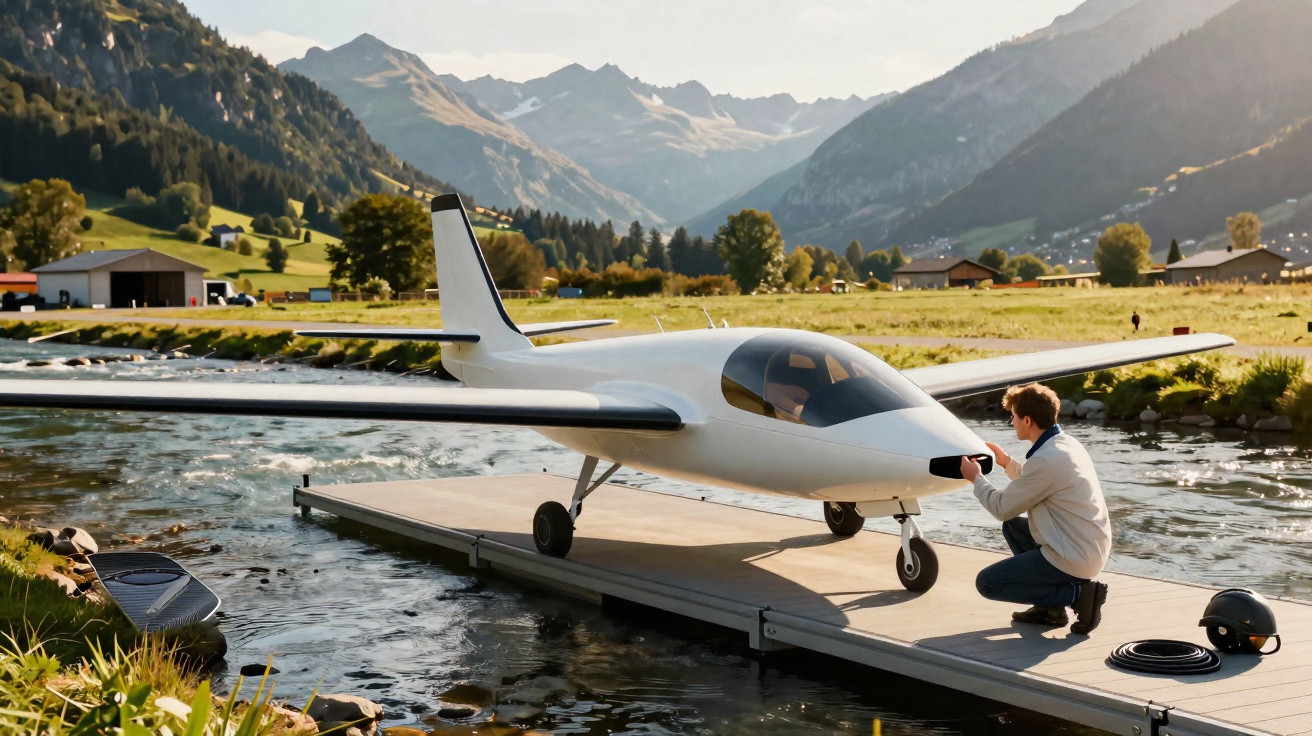 Un homme inspecte un petit avion blanc sur un ponton au bord d'un lac en montagne.