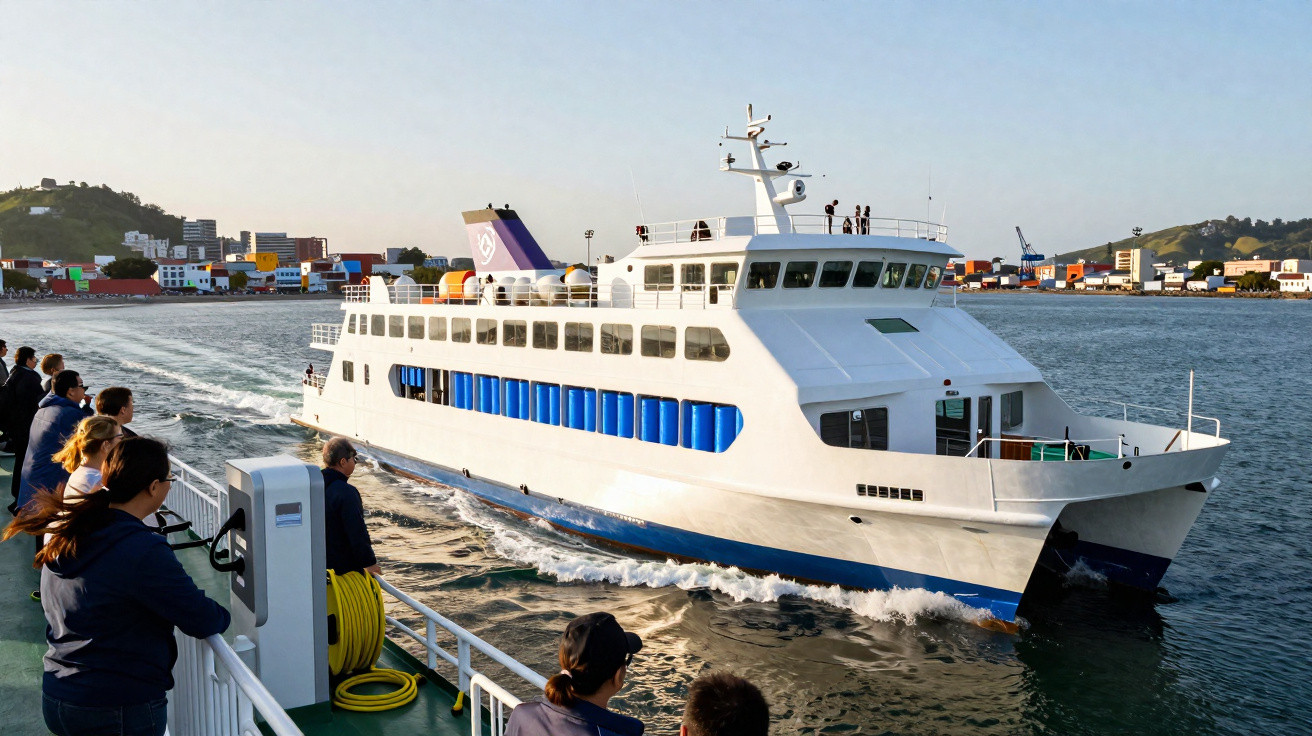 Ferry blanc avec fenêtres bleues naviguant près d’un port, passagers observant depuis un autre bateau.