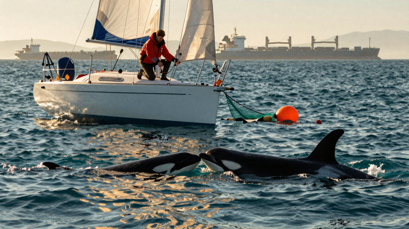 Un homme sur un voilier proche de deux épaulards nageant en mer avec des cargos à l'horizon.