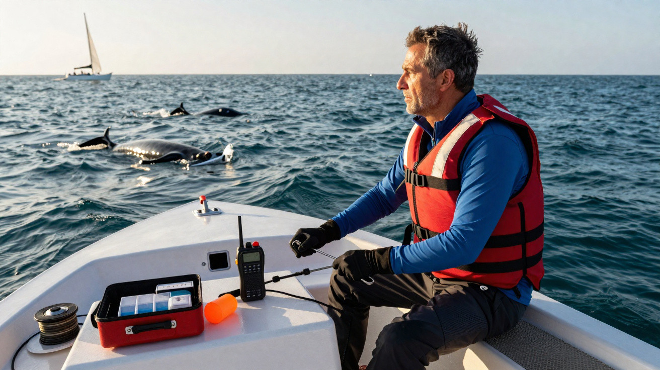 Homme en gilet de sauvetage observe des baleines depuis un petit bateau sur l'océan par une journée ensoleillée.