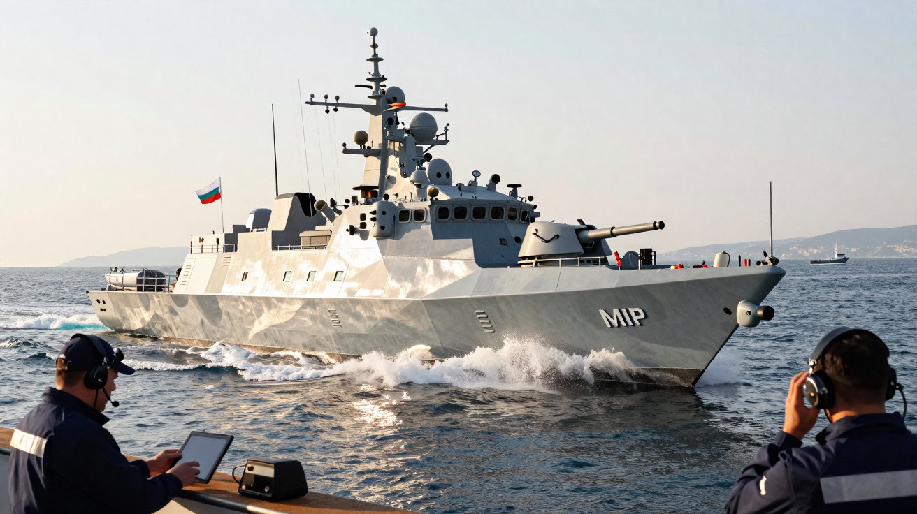 Navire militaire russe MIP en mer, deux marins en premier plan avec casques et tablette.