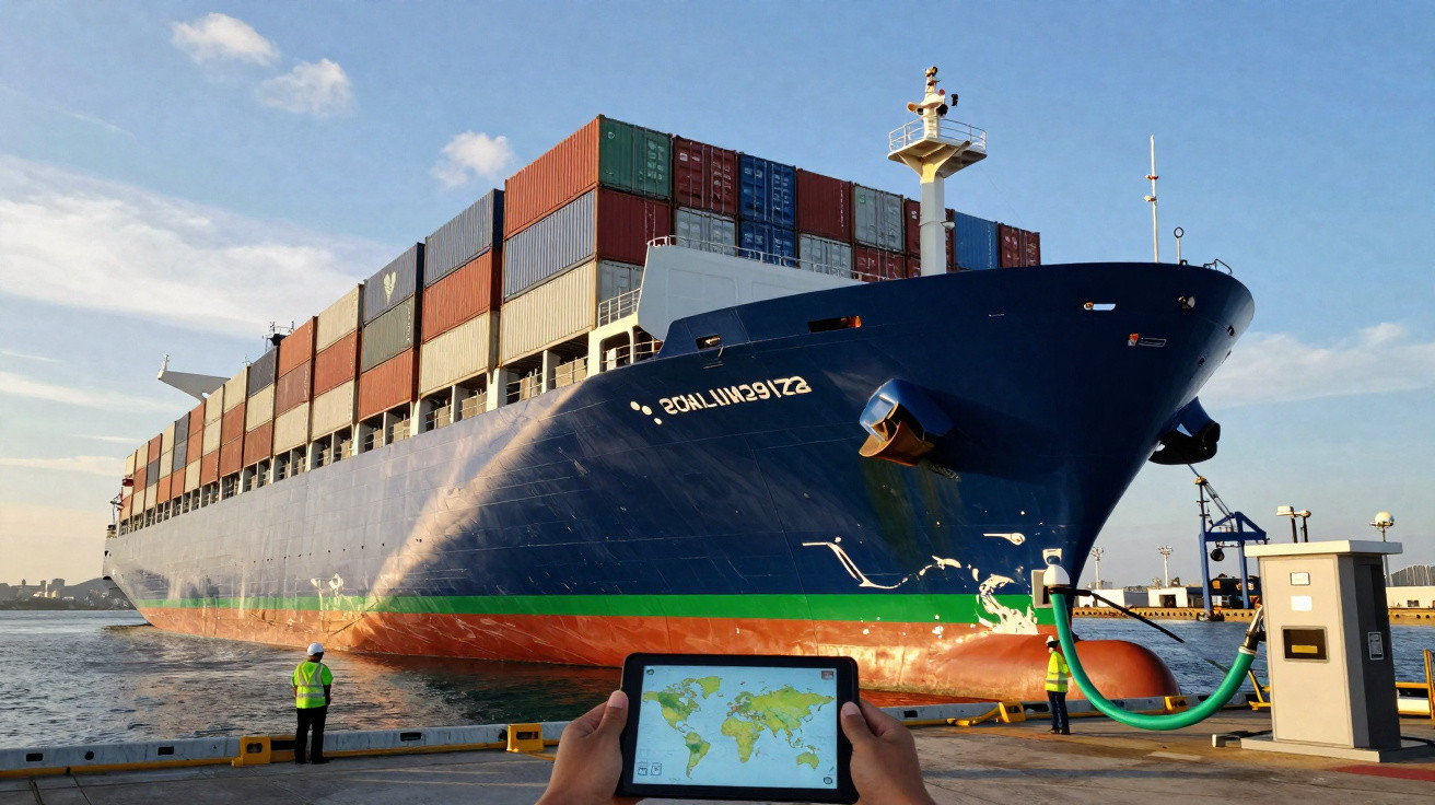 Navire porte-conteneurs bleu chargé de containers amarré au port avec une tablette en premier plan.