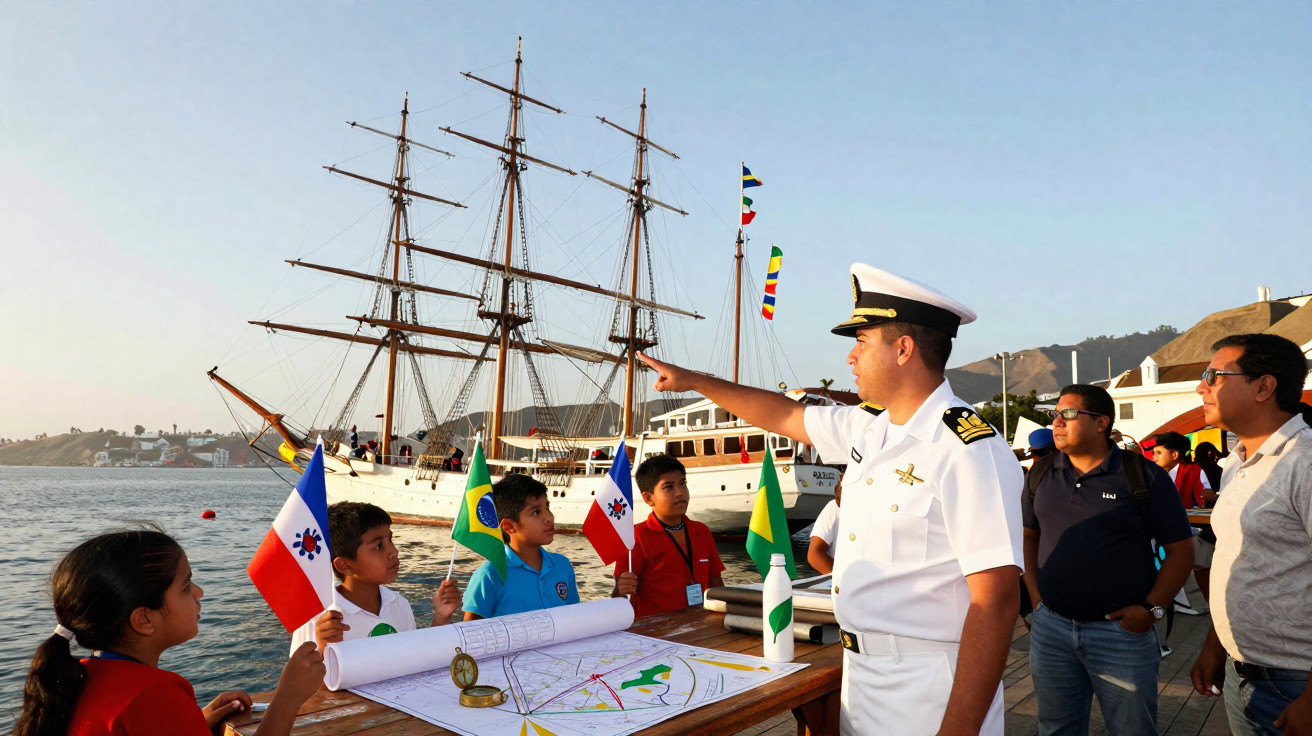 Officier naval expliquant la navigation à des enfants avec drapeaux et carte, voilier en arrière-plan au port.