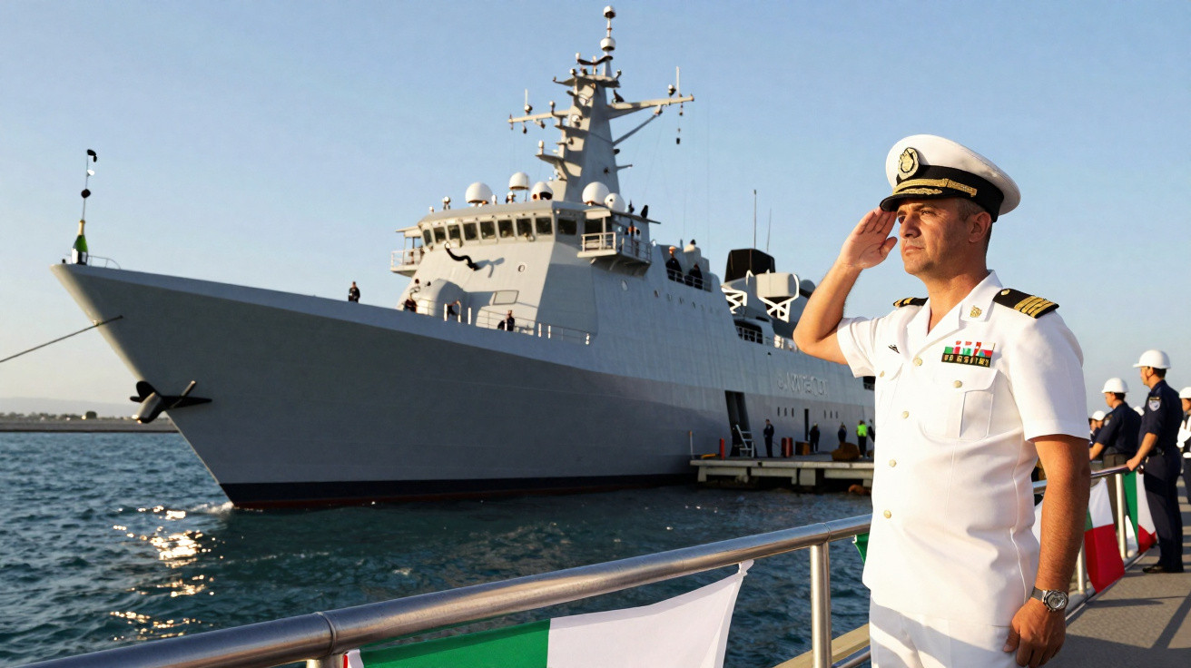 Officier de marine en uniforme blanc saluant près d'un navire militaire amarré dans un port au coucher du soleil.