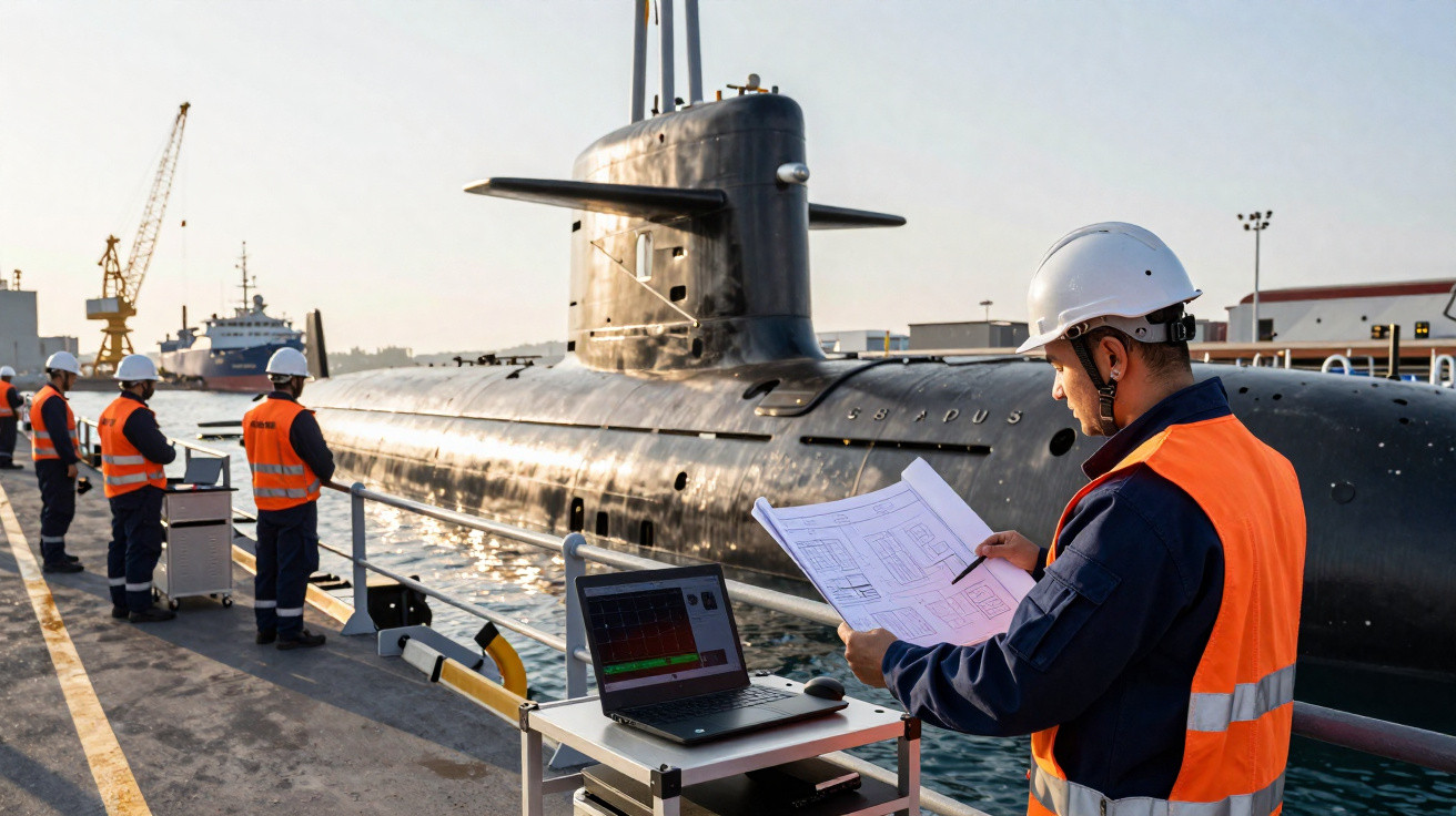 Technicien en gilet orange et casque blanc vérifiant des plans près d'un sous-marin noir amarré en port industriel.