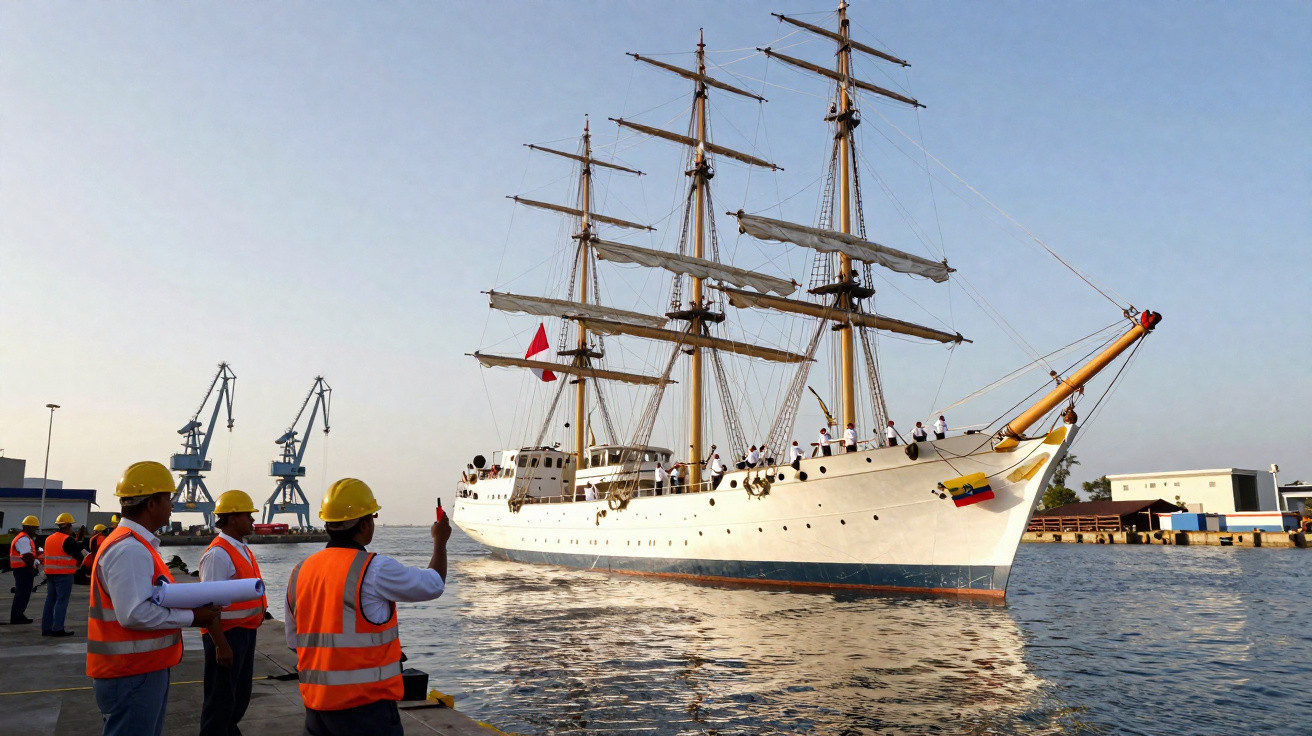 Voilier blanc à trois mâts quittant le port, entouré de dockers en gilets orange et casques jaunes.