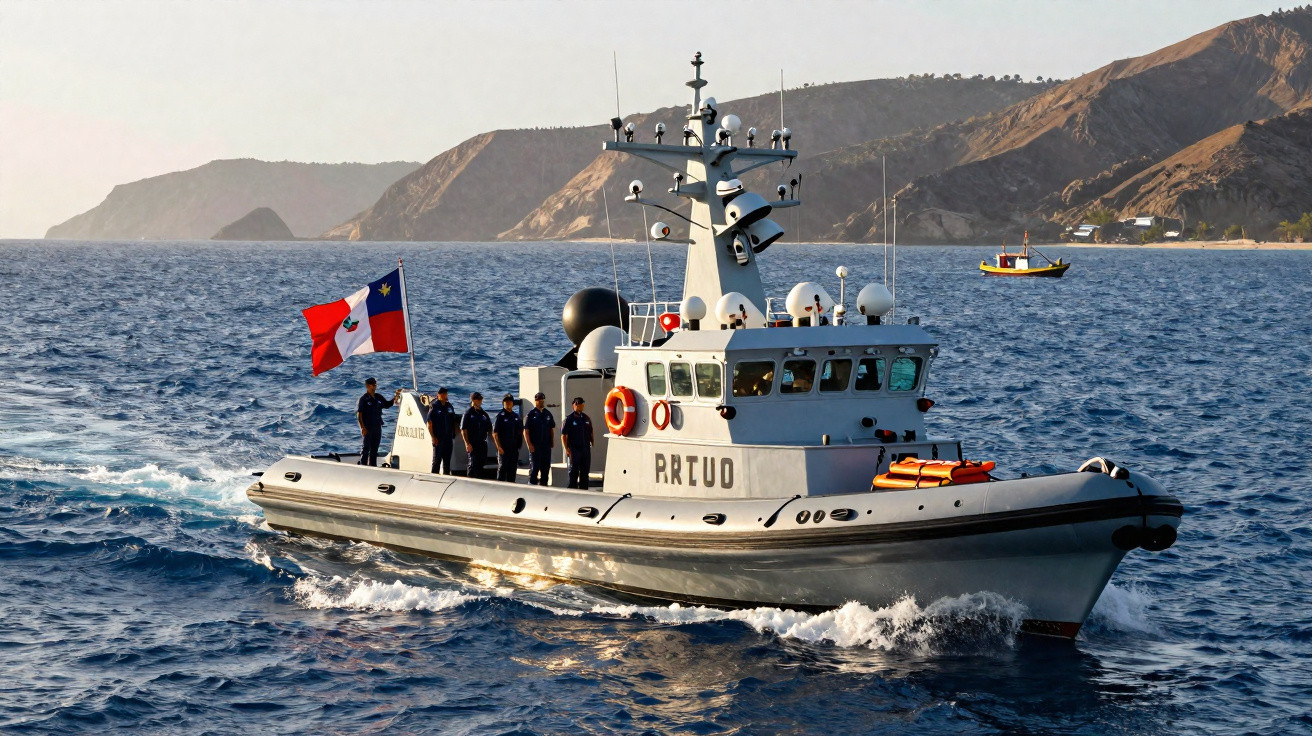 Bateau militaire patrouilleur avec équipage naviguant en mer, drapeau en arrière, montagnes en fond.