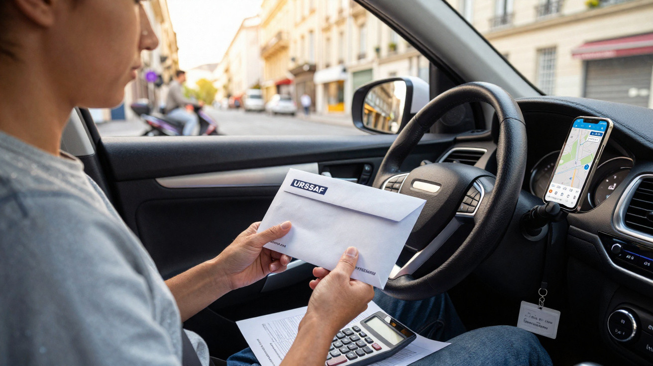 Personne dans une voiture lisant une enveloppe URSSAF avec un téléphone affichant un plan sur le tableau de bord.