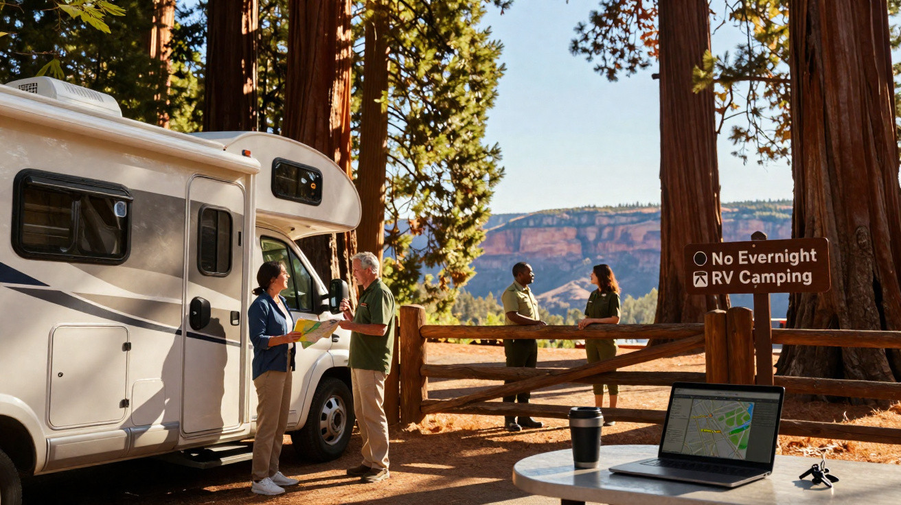 Deux couples discutent près d’un camping-car en forêt, avec un panneau « No Overnight RV Camping » visible.