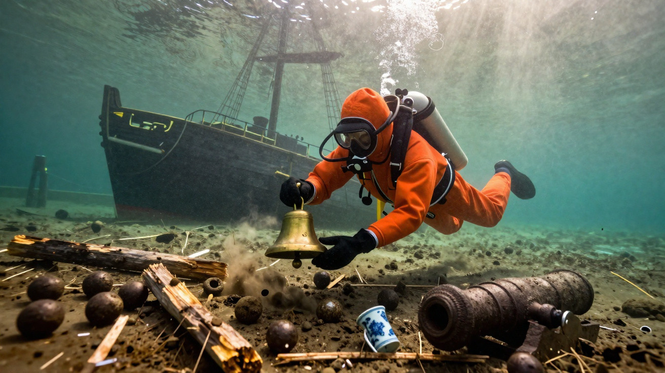 Plongeur en combinaison orange explore une épave avec une cloche marine, un canon et des boulets au fond de l'eau.