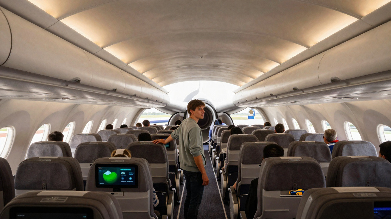 Intérieur d'un avion avec passagers assis et un jeune homme debout dans l'allée centrale.