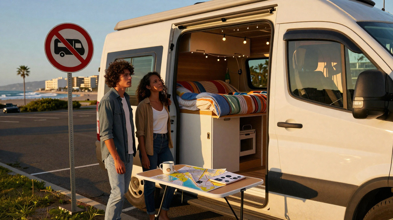 Jeune couple près d'un van aménagé avec une table, devant un panneau interdisant les camping-cars.