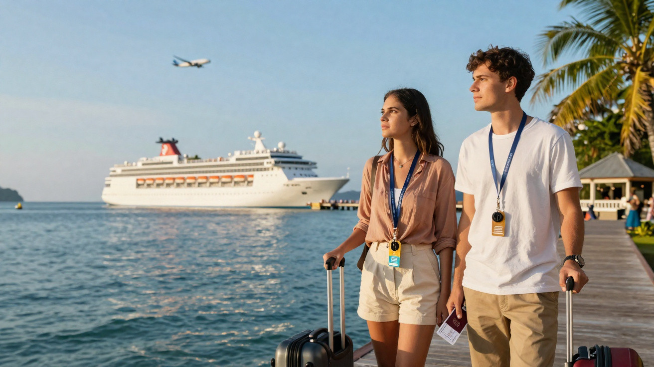 Un jeune couple avec valises sur une jetée regarde un paquebot et un avion au loin en bord de mer.