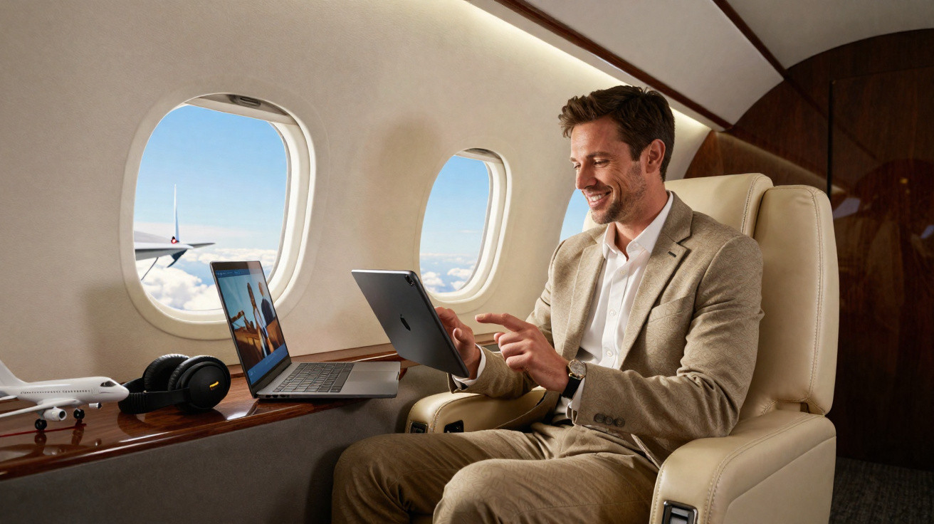 Homme souriant en costume beige utilisant une tablette dans un avion privé avec un ordinateur ouvert près de la fenêtre.