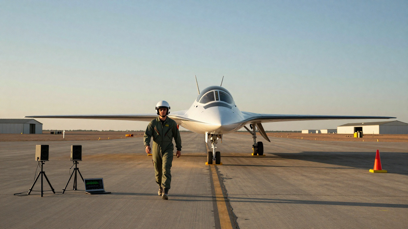 Pilote en combinaison et casque marchant vers un avion de chasse blanc sur une piste à l’aube.