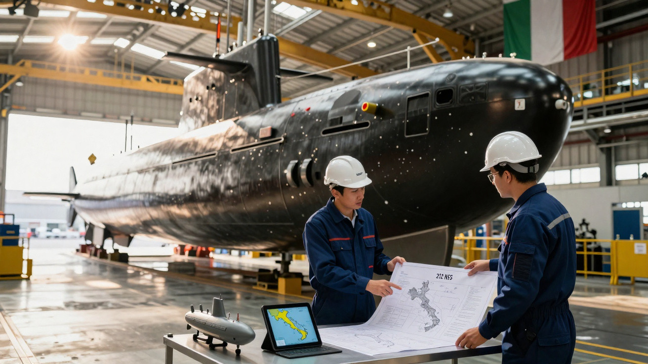 Deux ingénieurs en casque blanc examinent des plans devant un grand sous-marin noir en chantier.