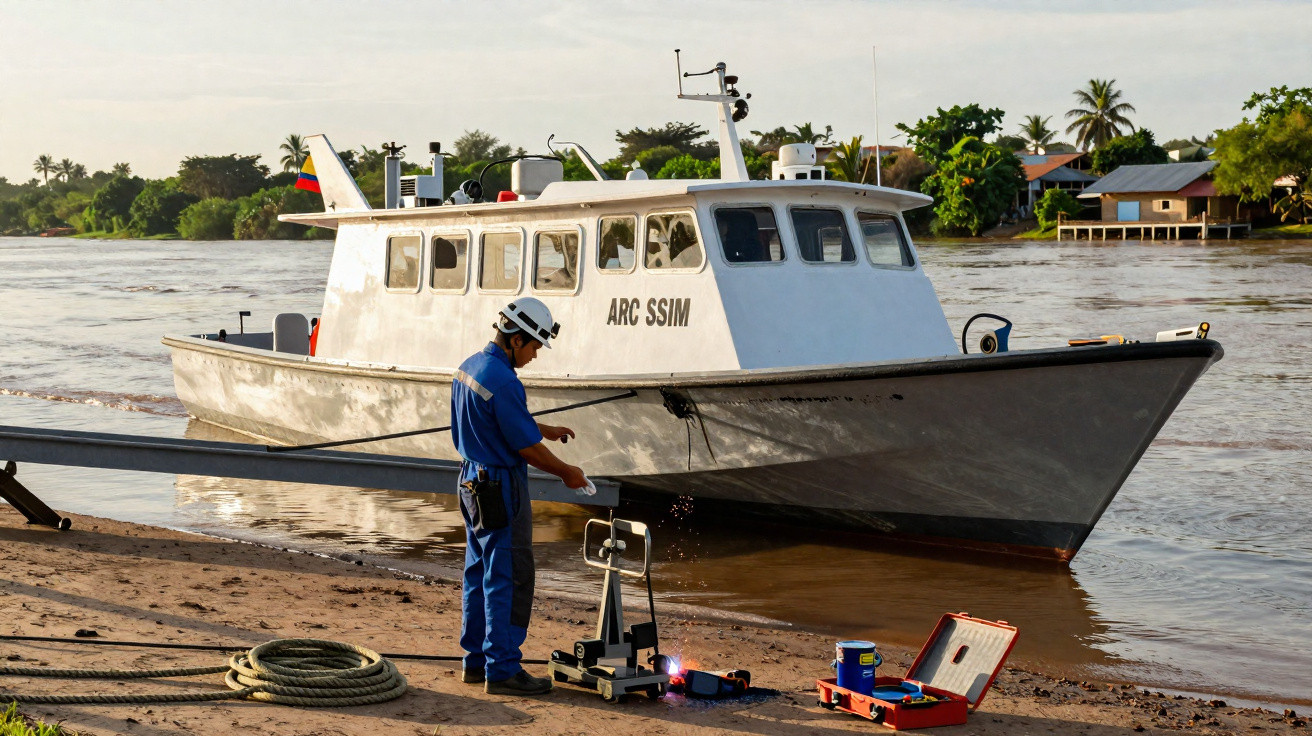 Homme en uniforme bleu travaillant au bord d’un fleuve, bateau blanc amarré en arrière-plan.