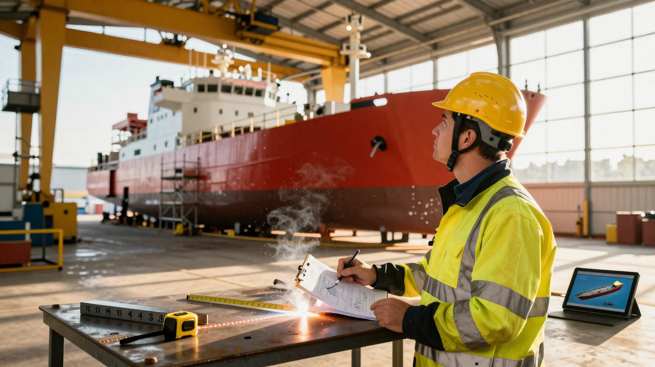 Ouvrier en casque jaune prend des notes devant un chantier naval avec un grand bateau rouge en arrière-plan.