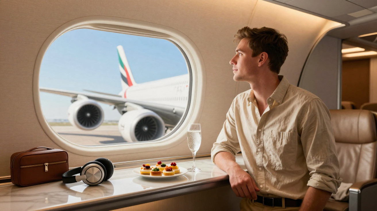 Un homme regardant par le hublot d'un avion privé avec un plateau de gourmandises et un verre d'eau.
