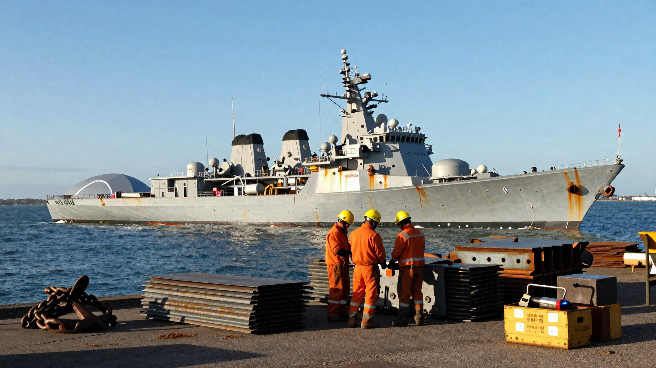 Des marins en tenue orange et casque jaune discutent sur un quai près d’un navire militaire gris.