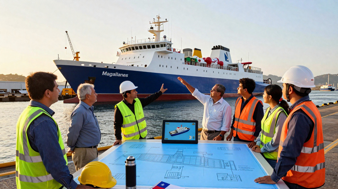 Équipe de travailleurs en gilets de sécurité et casques discutant d’un plan devant un navire nommé Magallanes au port.
