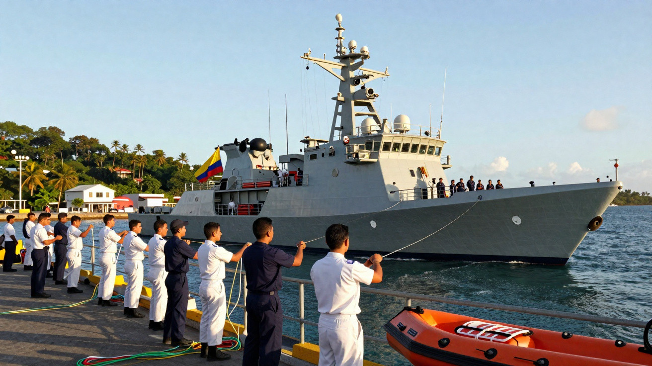 Marins en uniforme tirant des cordes sur un quai face à un grand navire militaire gris amarré.