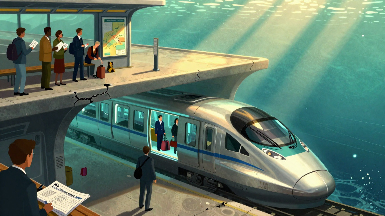 Une gare de train sous-marine avec des passagers attendant et montant dans un train moderne et lumineux.