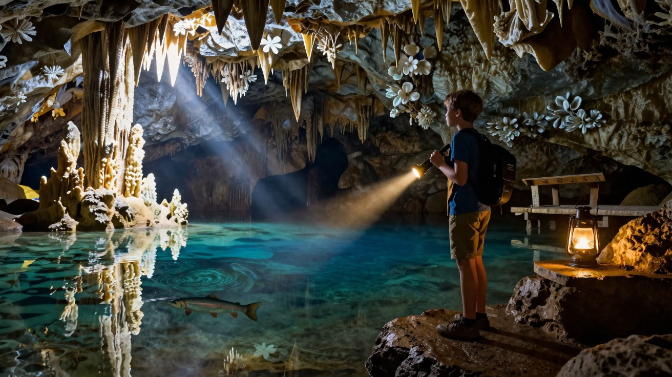 Un enfant avec une lampe explore une grotte illuminée avec un bassin d’eau claire et des formations rocheuses.