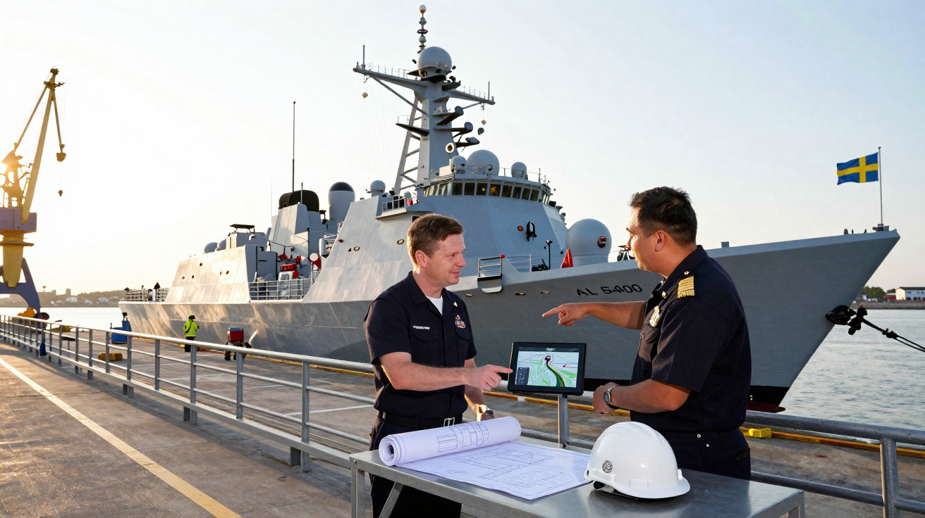 Deux officiers navals discutent avec un ordinateur et plans devant un navire militaire gris amarré au port.
