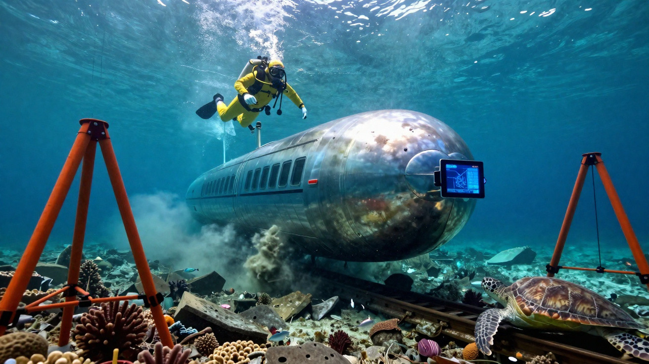 Plongeur en combinaison jaune explorant un train submergé entouré de coraux, poissons et une tortue marine.