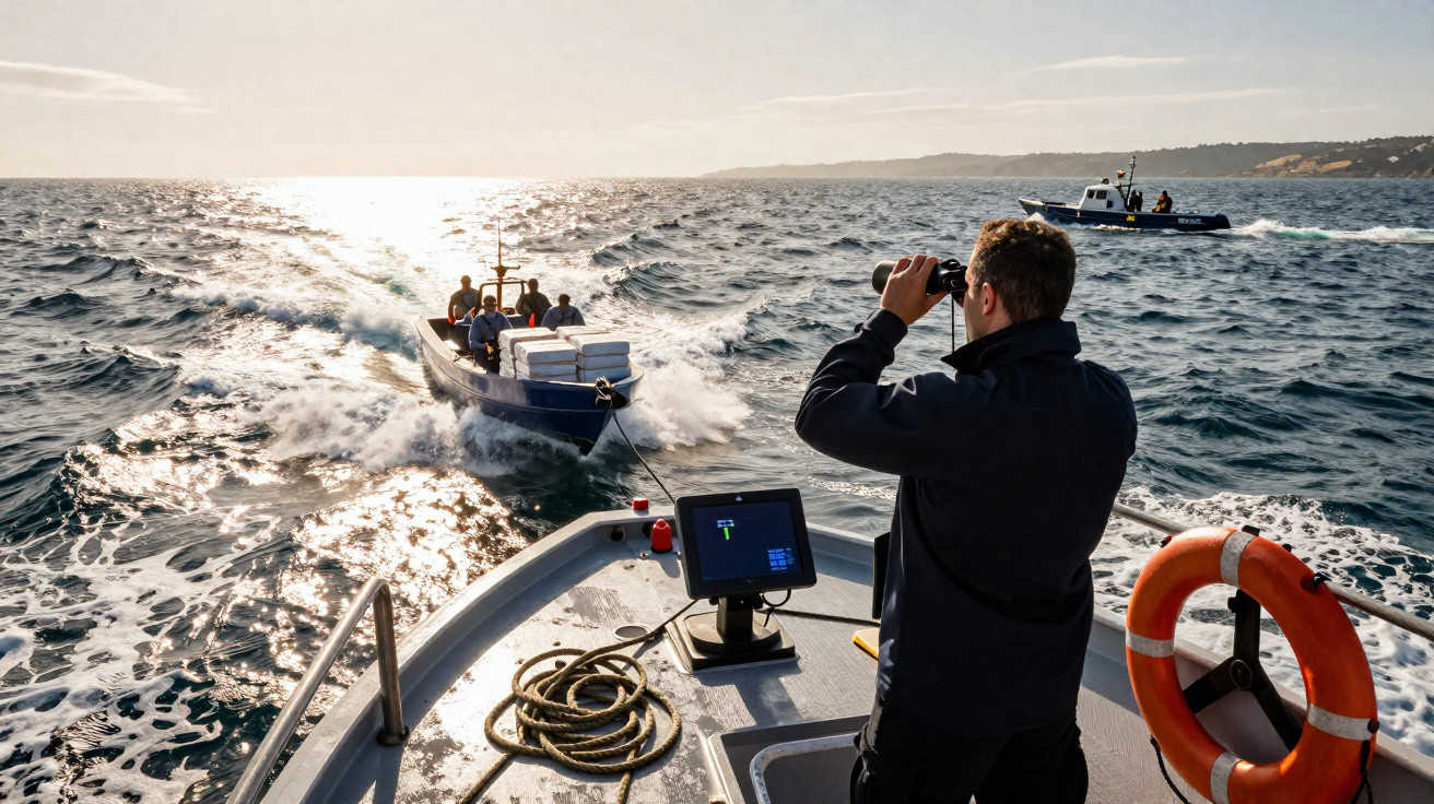 Un homme regarde au loin avec des jumelles depuis un bateau en mer, un autre bateau s'approche à toute vitesse.
