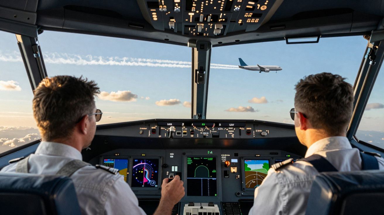 Deux pilotes dans le cockpit d’un avion avec vue sur le ciel et un autre avion en approche.