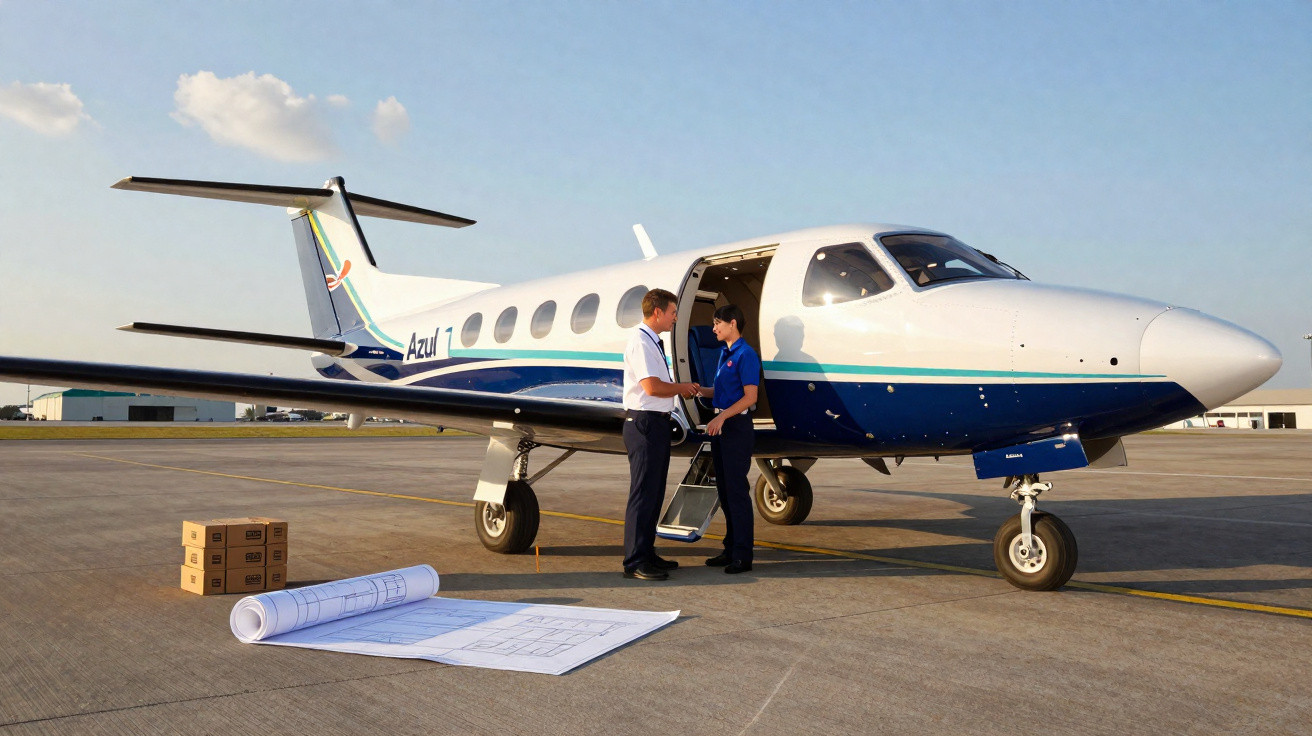 Deux hommes se serrant la main devant un petit avion privé sur un tarmac avec plans et cartons au sol.