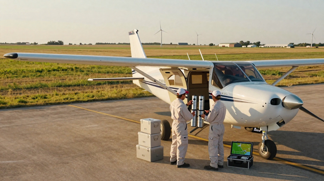 Deux techniciens préparent un avion léger sur une piste, avec des cartons et un ordinateur au sol.