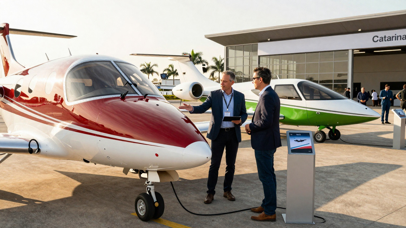 Deux hommes discutant devant un petit jet blanc et rouge exposé en extérieur sous un ciel clair.
