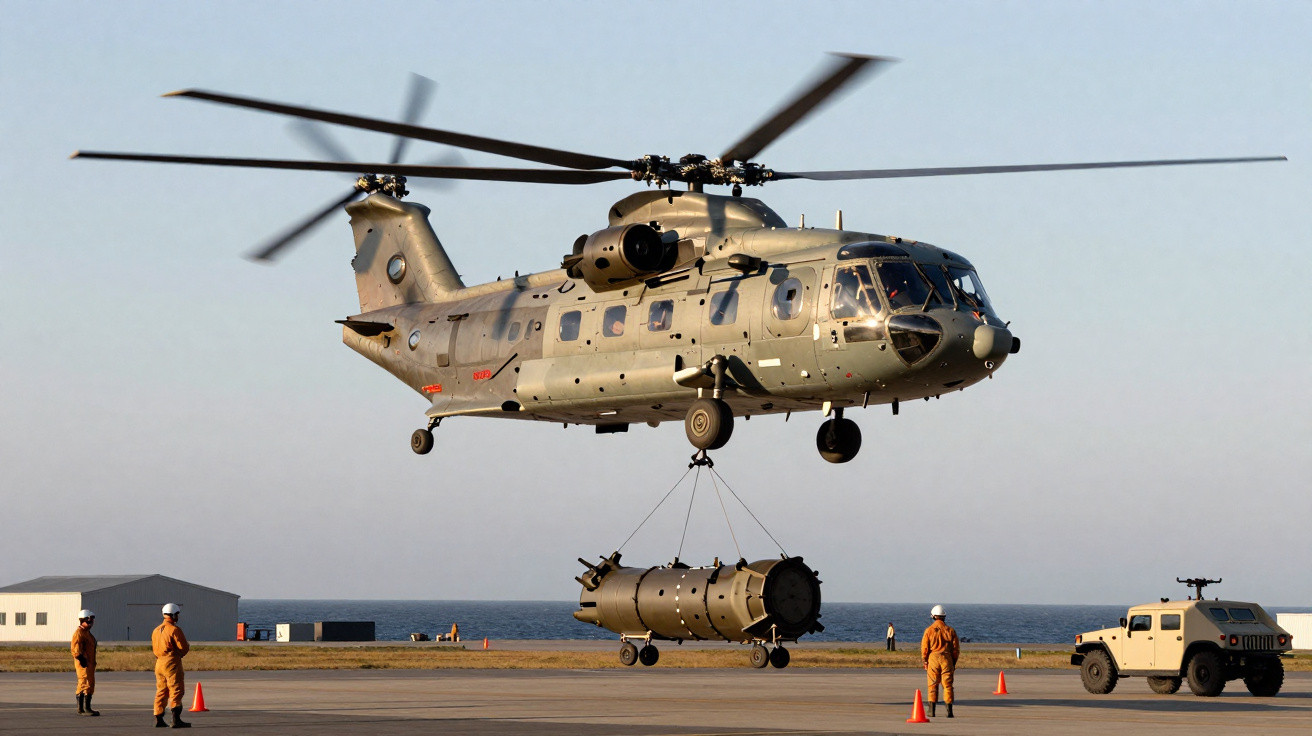 Hélicoptère militaire transportant une charge lourde suspendue, avec des techniciens au sol et un véhicule proche.