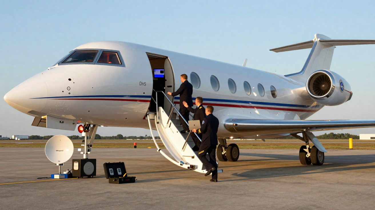 Avion privé blanc sur le tarmac avec trois hommes en costume montant l'escalier pour monter à bord.