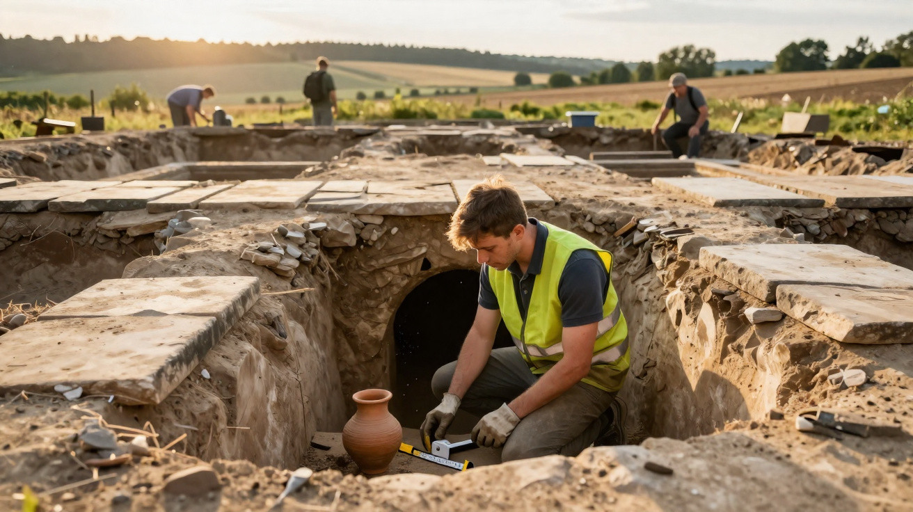 Un archéologue en gilet jaune travaille au site fouillé, entouré de vestiges en pierre, au coucher du soleil.