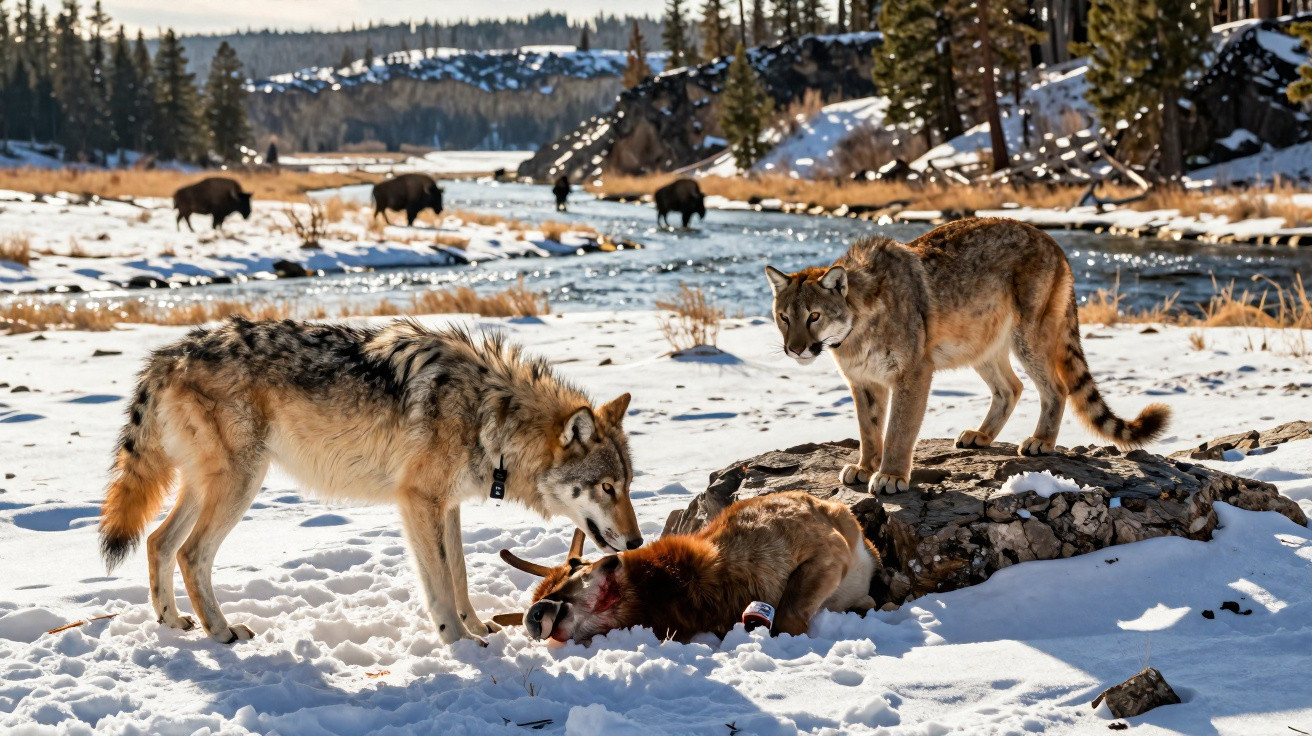 Deux loups près d'un carcasse dans un paysage enneigé avec bisons et rivière en arrière-plan.
