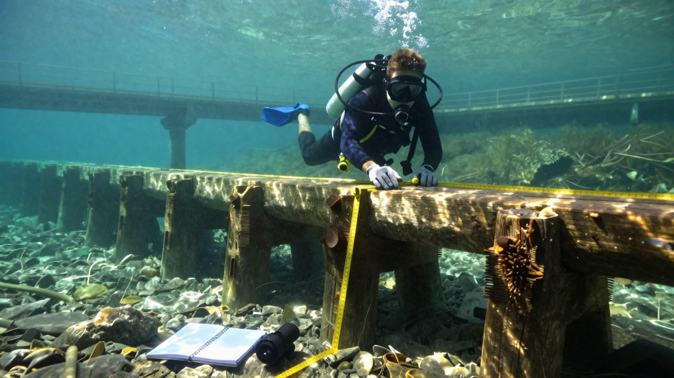Plongeur en combinaison et masque étudie un ponton submergé à l’aide d’un mètre ruban et carnet sous l’eau.