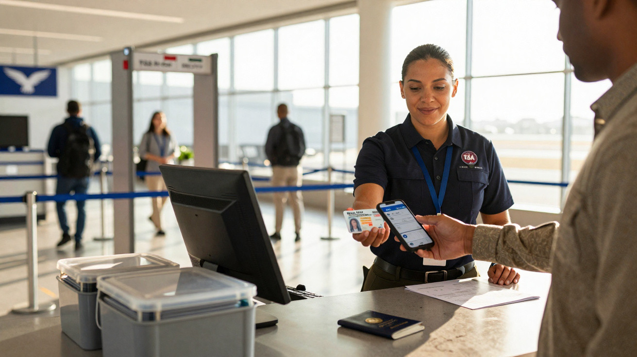 Agent de sécurité vérifiant l'identité d'un voyageur avec une carte et un smartphone à l'aéroport.