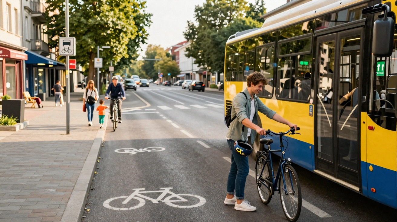 Jeune homme avec vélo devant un bus jaune sur une piste cyclable en ville par une journée ensoleillée.