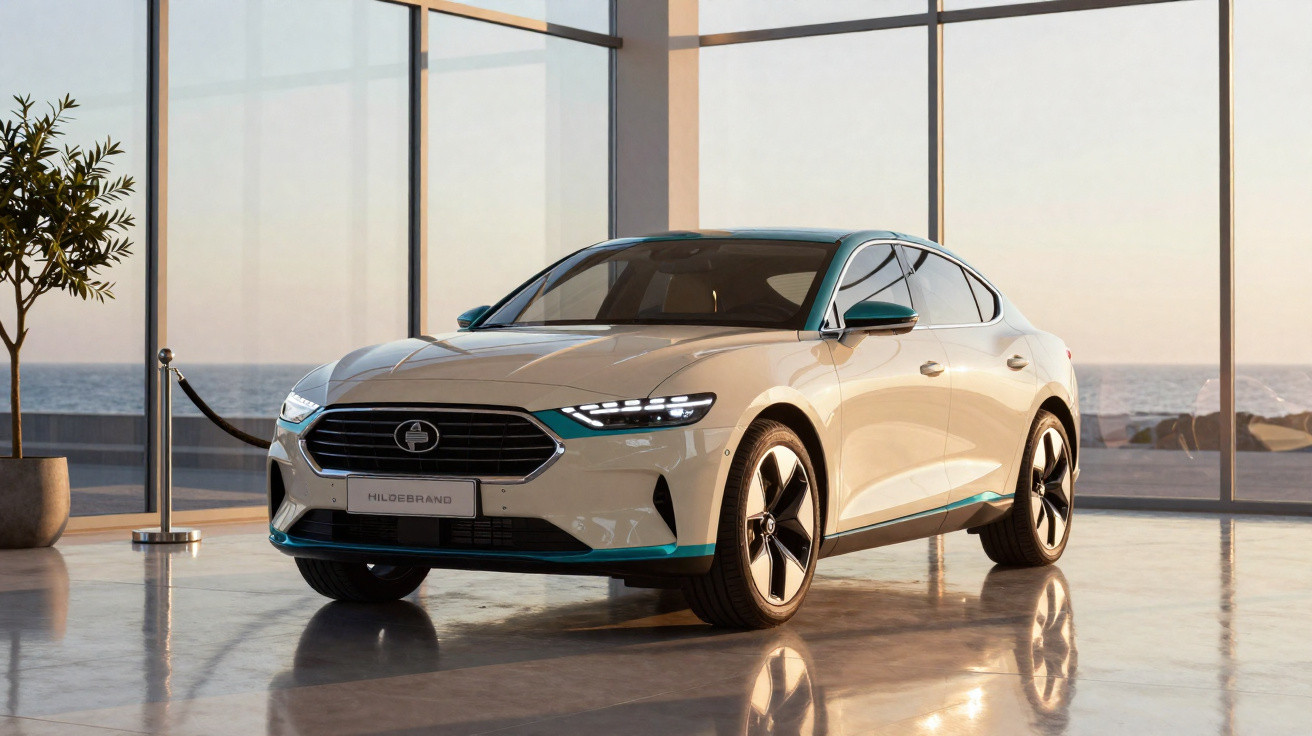 Voiture électrique beige moderne garée dans un showroom lumineux avec vue sur la mer au coucher du soleil.