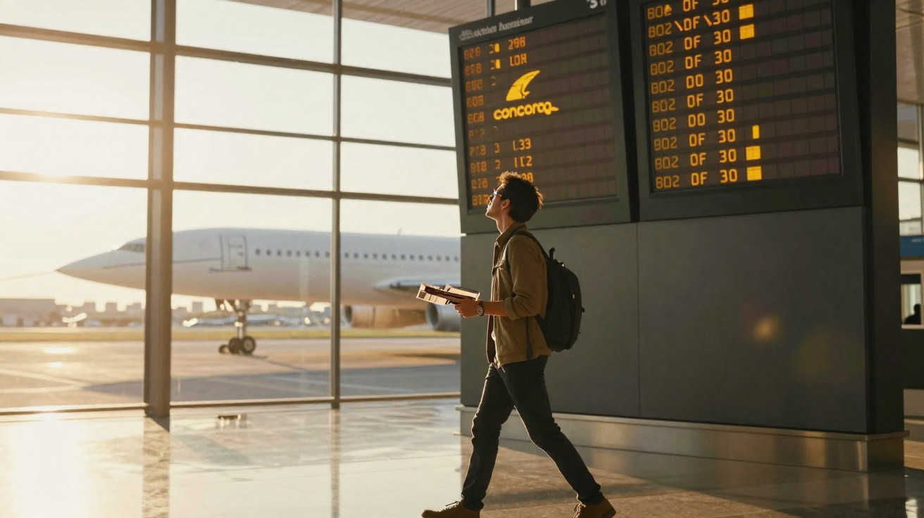 Un homme avec un sac à dos regarde un tableau des départs devant un avion dans un aéroport ensoleillé.