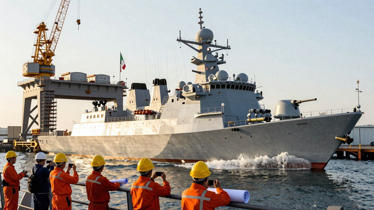 Cinq ouvriers en tenue orange et casque jaune photographient un grand navire militaire gris sortant du port.